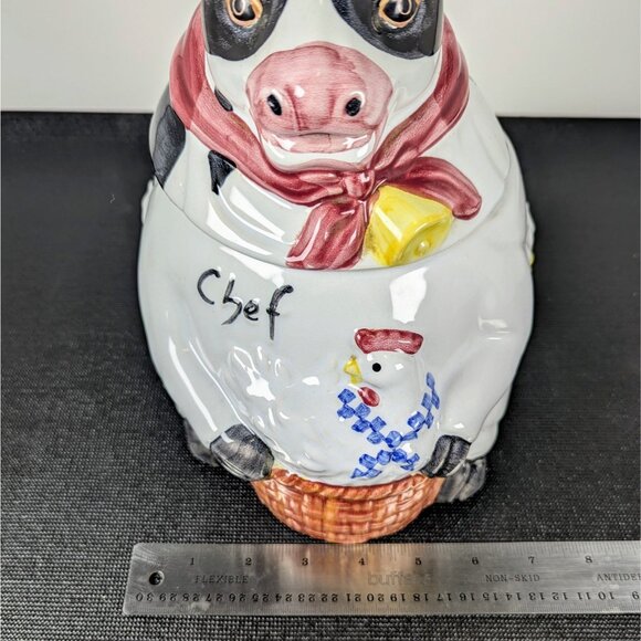 Chef Cow Ceramic Cookie Jar 10" Canister Stoneware Farm Cattle Ranch Vintage - Picture 6 of 7
